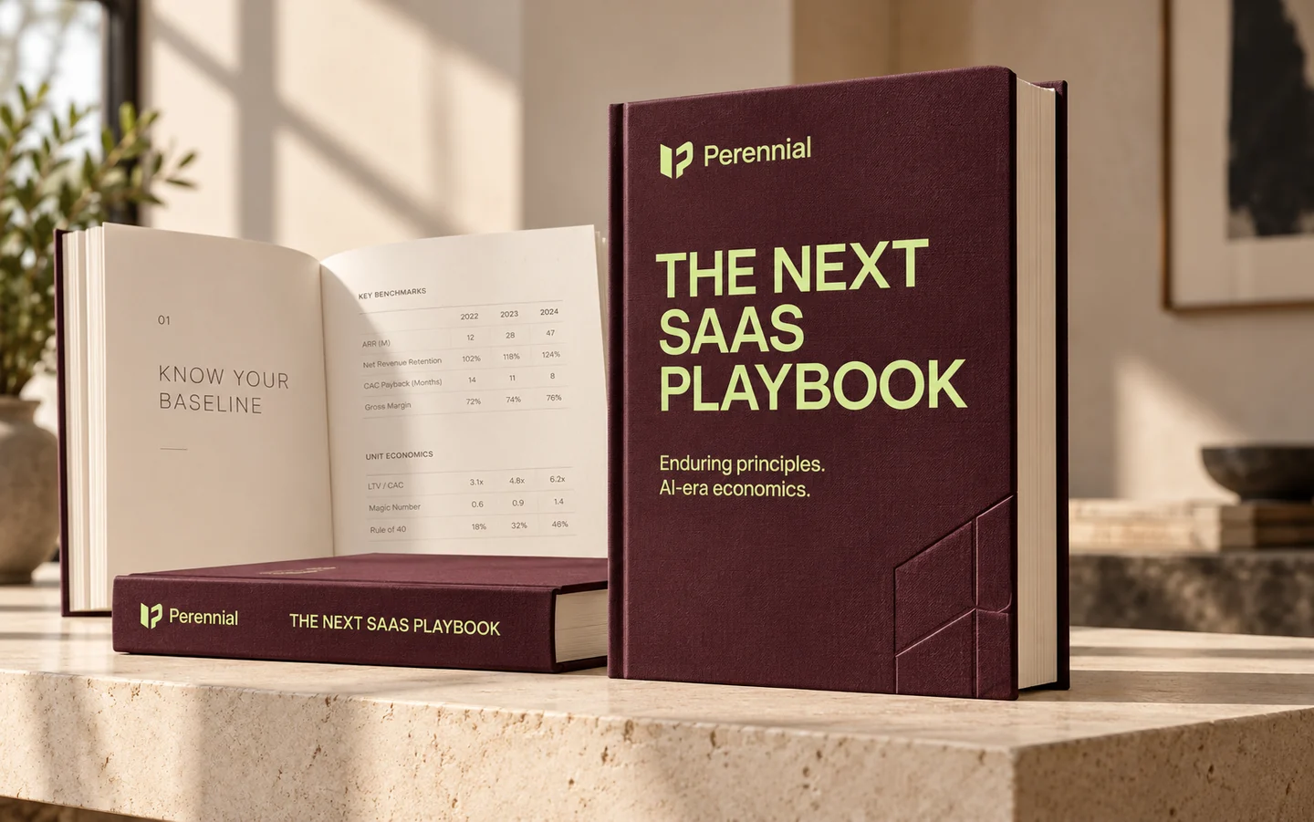 Perennial’s playbook concept: The Next SaaS Playbook. Enduring principles. AI-era economics.